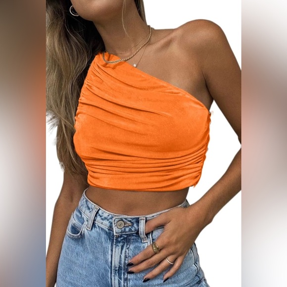 CHYRII Tops - CHYRII Women's Sparkly One Shoulder Crop Sleeveless Ruched Tank Top